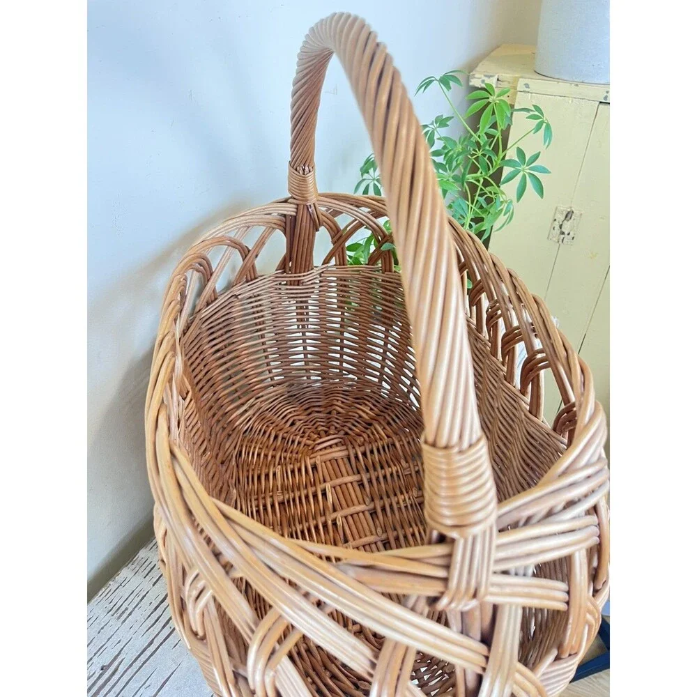 Vintage Polish Willow Wicker Woven High Arch Gathering Basket 20” x 16” Country
